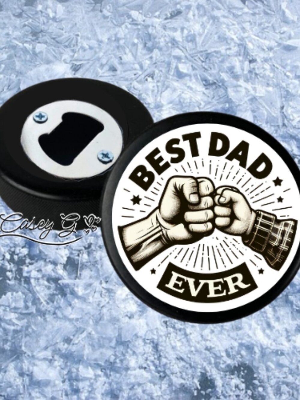 NEW*Father's Day*Best Dad Ever Fist Pump*Hockey Puck Bottle Opener